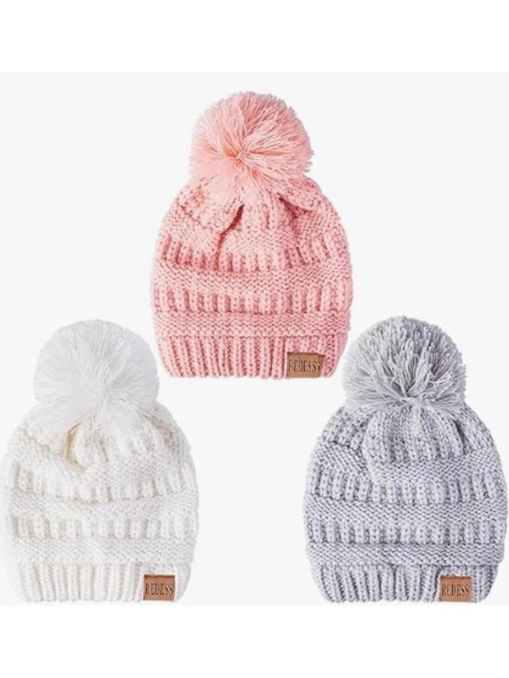 Set of 3 REDESS Winter Warm Hats, Infant Toddler Children Pom Beanie Knit